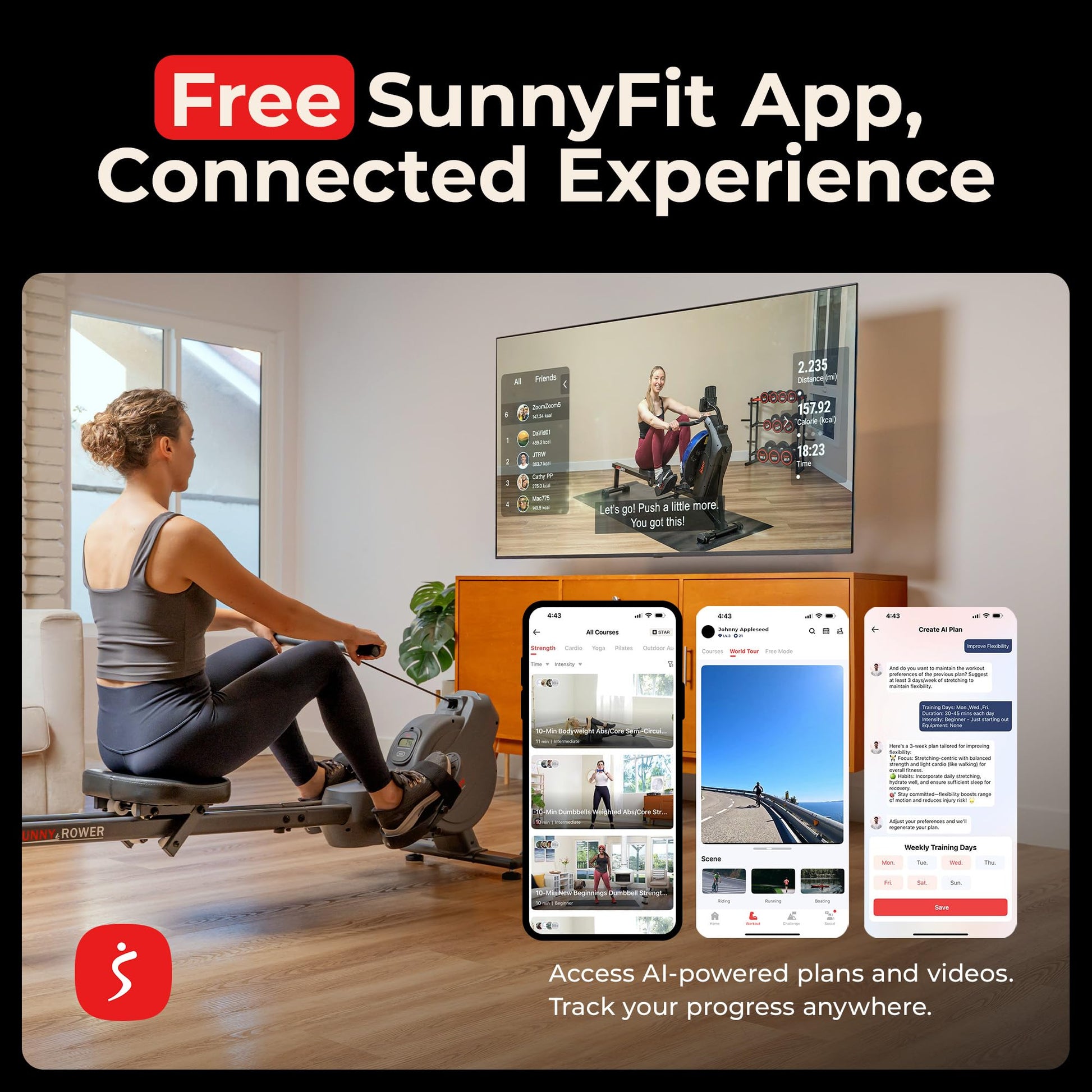 Sunny Health & Fitness Smart Magnetic Rower, Dual-Rail Home Rowing Machine
