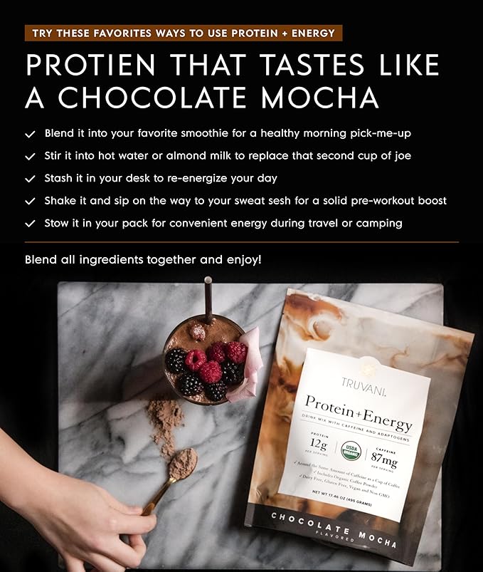 Truvani Protein + Energy Drink Mix with 87mg Caffeine | Chocolate Mocha | 12g Organic Plant Based Protein | 20 Servings | USDA Organic Coffee Powder & Adaptogens | Gluten & Dairy Free | Vegan