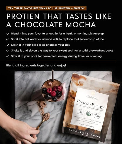 Truvani Protein + Energy Drink Mix with 87mg Caffeine | Chocolate Mocha | 12g Organic Plant Based Protein | 20 Servings | USDA Organic Coffee Powder & Adaptogens | Gluten & Dairy Free | Vegan