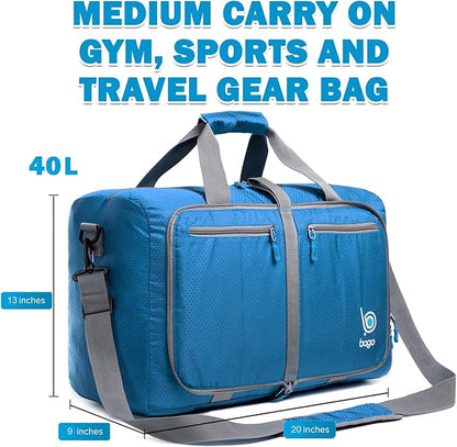 Bago Foldable Duffel Bags for Traveling Women & Men - 40L Sports Packable Duffle Bag for Travel with Shoe Compartment - Water Repellant, Heavy Duty, Lightweight Folding & Collapsible (Blue)