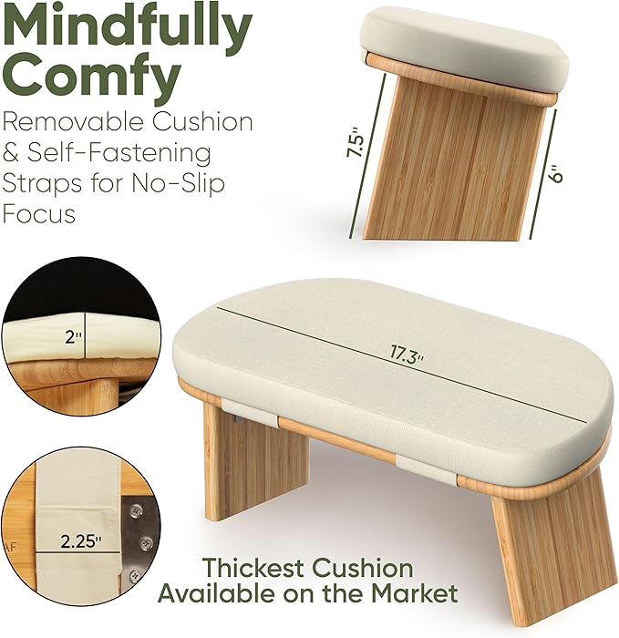 Meditation Chair w/ Extra Thick Cushion - Portable Bamboo Meditation Bench w/ Magnetic Locking Hinge - Anterior Tilt Seiza Bench Ideal for Comfortable & Stable Meditation - Sleek Canvas Kneeling Chair