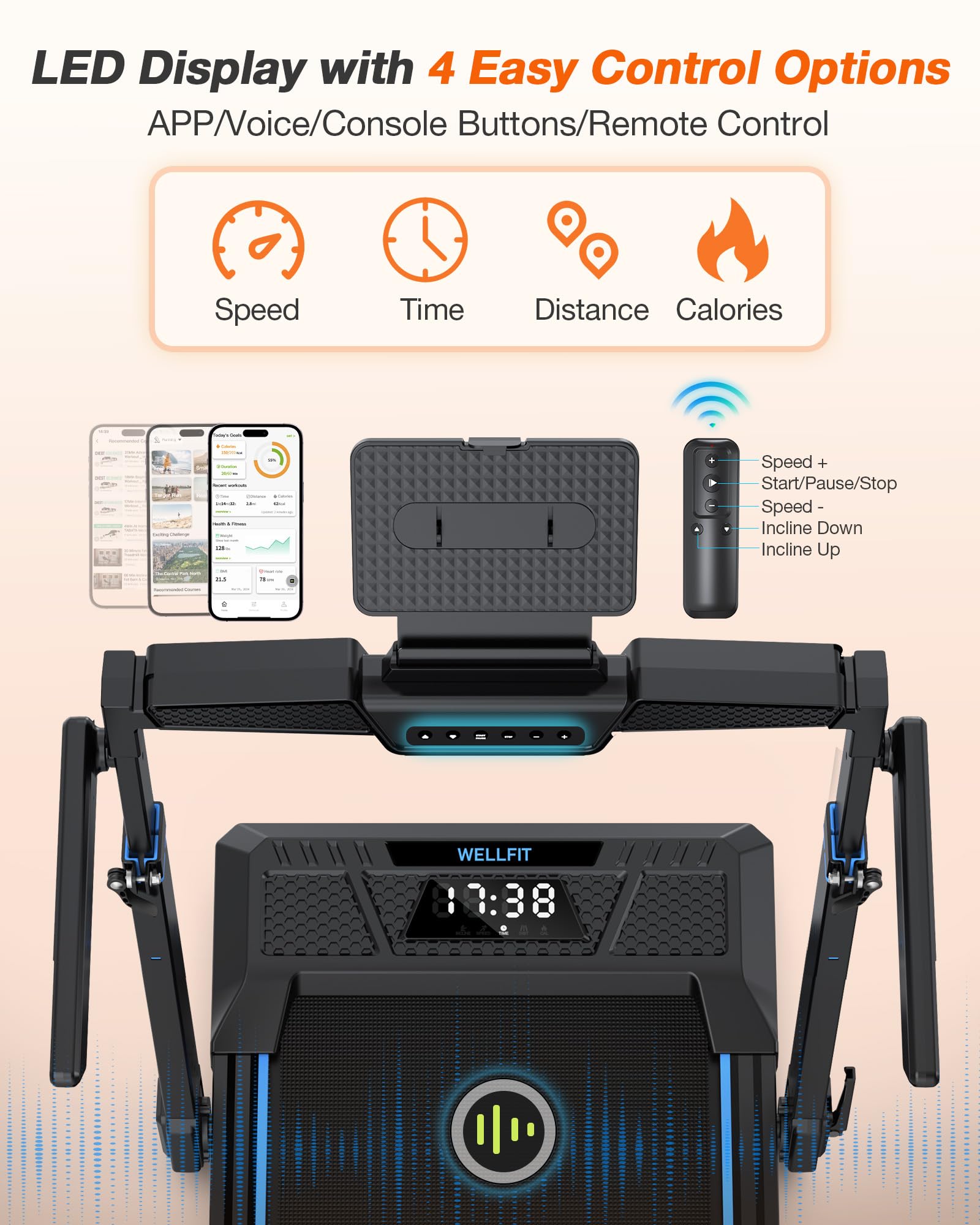 WELLFIT Foldable Treadmill with Auto Incline, 400+ LBS, Adjustable Height