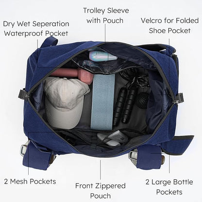 Gym Bag for Men with 2 Upgraded Bottle Holders Convertible Duffle Bag and Gym Backpack Waterproof Sports Bags with Shoes Compartment and Wet Pocket - Dark Blue