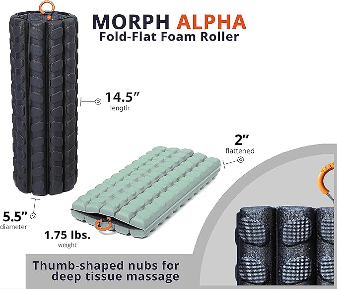 Morph Foam Roller (Alpha-Sage): Collapsible Travel Foam Roller for Pain Relief, Workout Muscle Recovery, Back Massager, Deep Tissue Leg Massage, Back Cracker, Stretcher; Small, Portable