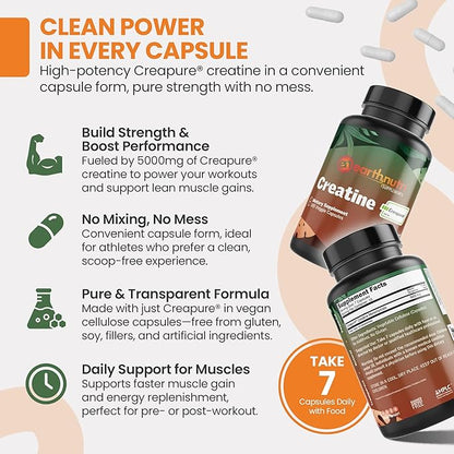EarthNutri Creatine Monohydrate Capsules - Micronized for Better Absorption - Supports Muscle Growth, Strength & Recovery - 105 Capsules (5000mg per Serving, 7 Capsules)