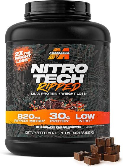 Muscletech Whey Protein Powder (Chocolate Fudge Brownie, 4LB) - Nitro-Tech Ripped Whey Protein Isolate & Peptides Smoothie Mix for Lean Muscle - 30g of Whey Protein for Women & Men, Packaging May Vary