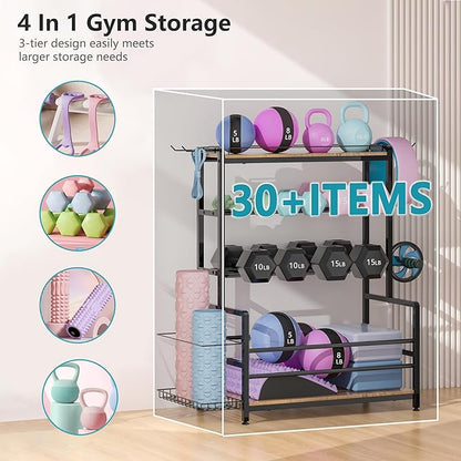 Gym Home Equipment Weight Rack – 3‑Tier Workout Storage Stand for Dumbbells & Kettlebells, Medicine Ball Holder, 460 lb Steel Organizer with Yoga Mat Basket, Hooks, Adjustable Feet, 24 x 16 in