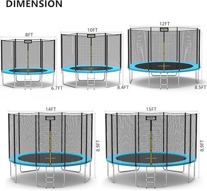 AOTOB 8FT 10FT 12FT 14 FT 15FT Trampoline with Safety Enclosure Net，Outdoor Trampoline with Basketball Hoop, Heavy Duty Jumping Mat and Spring Cover Padding for Kids and Adults, Storage Bag and Ladder