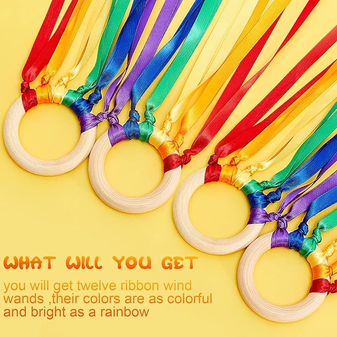 12 Pcs Rainbow Ribbon Wooden Waldorf Toys Creative Waldorf Hand Kite Set Streamers with Wood Ring Sensory Learning Educational Toy for Playroom Dancing Birthday (Vibrant Color)