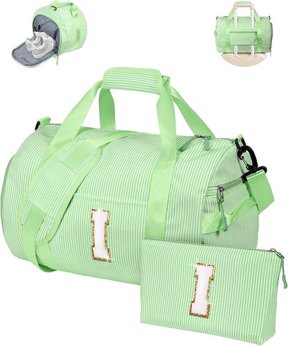 Party Favors for Teenager, Girl Gym Bag, Kids Monogram Overnight Duffel Bags with Shoe Compartment, Personalized Travel Bag with Makeup Pouch, Dorm Room Essentials (Letter I)