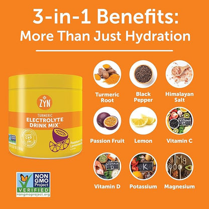 ZYN Electrolyte Hydration Drink Mix (30 Servings), Passionfruit Lemonade Electrolytes Powder, Hydrating Formula w/Turmeric Curcumin, Vitamin C & D, Zinc, Electrolyte Support Drink Mix