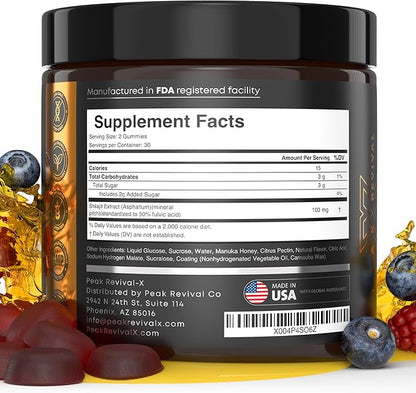 Peak Revival Shilajit Gummies with Manuka Honey, Mixed Berry Flavor, 60 Count, 100mg per Serving, 30 Servings