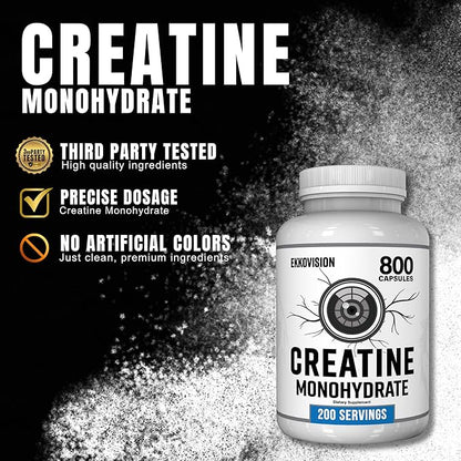 Ekkovision Creatine Monohydrate Capsules, Micronized, Unflavored Creatine Supplement for Men & Women, Pre Workout & Post Workout Support, Easy-to-Swallow, 800 Capsules, 200 Servings