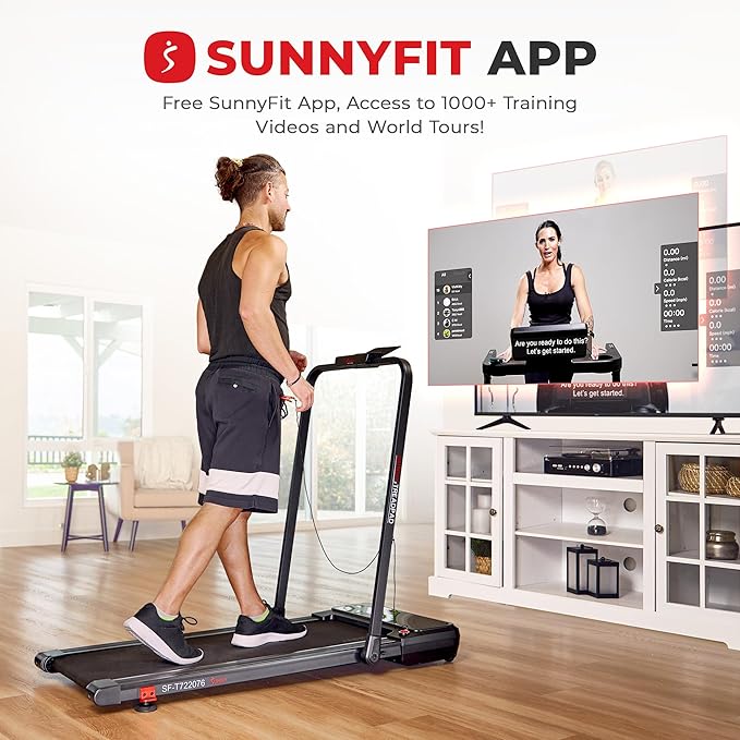 Sunny Health & Fitness Sleek Compact Smart Treadpad Treadmill with 6-Level Auto Incline, Remote Control, Shock Absorption, Optional Dual Mode Walking/Running & Free SunnyFit App Bluetooth Connectivity