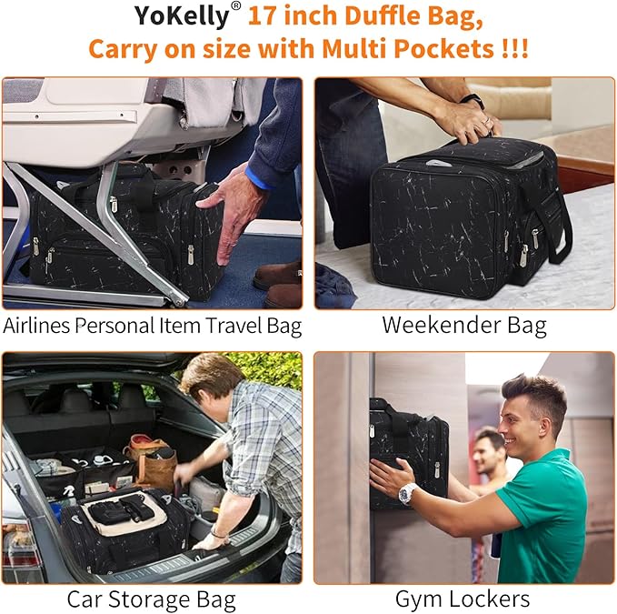 17 inch Small Duffle Bag - Carry On Weekender Bag for Travel Gym Sport - Black Marble