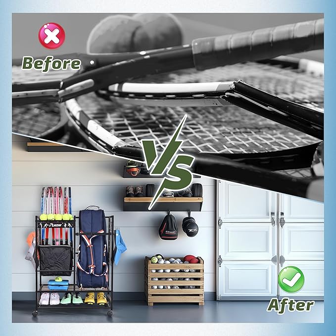 PLKOW Tennis Bag Organizer Tennis Racket Storage Rack, Tennis Equipment Holder for Bags, Balls, Racquet & Accessories, Versatile Gear Organizer for Garage, Club, or School