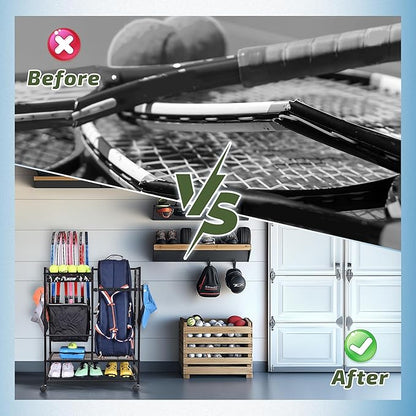 PLKOW Tennis Bag Organizer Tennis Racket Storage Rack, Tennis Equipment Holder for Bags, Balls, Racquet & Accessories, Versatile Gear Organizer for Garage, Club, or School