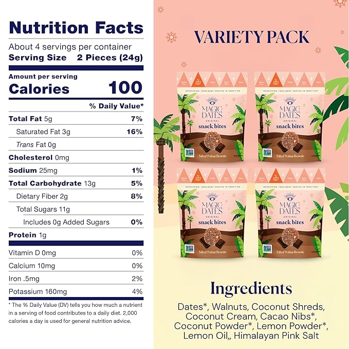 MAGICDATES Date Snack Bites | Salted Walnut Brownie – 4 Bags (16 Servings) | Medjool Dates | Himalayan Pink Salt | No Added Sugar | Vegan | Paleo | Gluten-Free | Healthy Chocolate Dessert