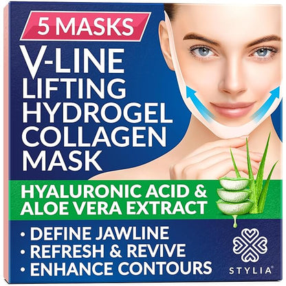 Stylia V Line Lifting Collagen Face Mask - Double Chin Strap for Women - Jawline Shaper Face Lift Tape - Neck Lift Collagen Mask - Chin Strap for Sleeping - Hyaluronic Acid, Aloe Vera, Cica 5PC
