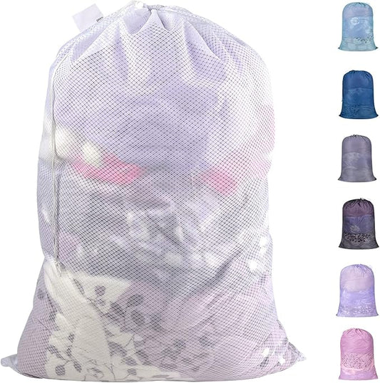 Polecasa Extra Heavy Duty Large Diamond Mesh Laundry Bags with Drawstring Closure & ID Tag, 24 x 36