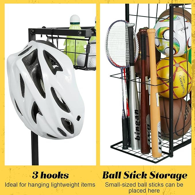 Sports Equipment Organizer, Small Garage Ball Storage Rack with Elastic Straps and 3 Hooks, Garage Organization Storage Rack for Balls and Sports Equipment, Toy Organizer Stand for Room, Gym, Black