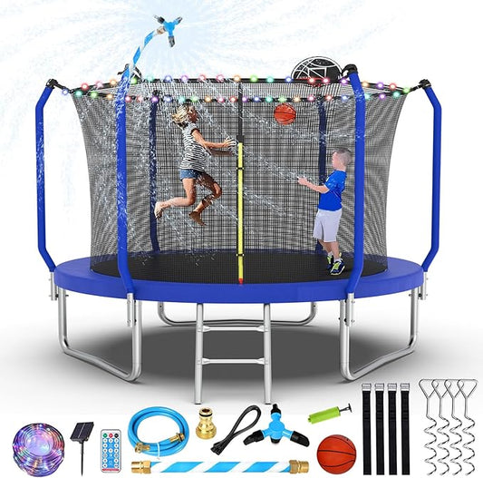 Upgraded Trampoline 8FT/10FT/12FT/14FT With Basketball Hoop, Light, Sprinkler, Stakes - Outdoor