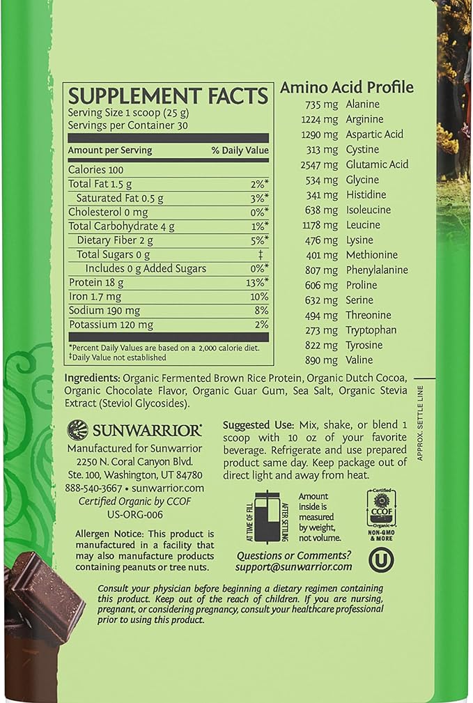 SUNWARRIOR Organic Brown Rice Protein Chocolate, 750 GR