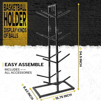GENMOUS 8-Ball Basketball Holder - 34.5" Tall Double Side Metal Rack Display Stand for Basketball, Football, Volleyball Storage - Sports Decor for Home, Garage, Indoor, Outdoor Ball Storage