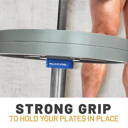 Magnetic Barbell Collars [Bells of Steel] Premium Weight Bar Clamps, Quick Release Barbell Clips, Olympic Barbell Clamps, High Strength Nylon Gym Clips, Pair, Blue