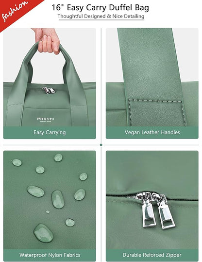 Compact Sports Gym Bag for Women, Cute Mini Duffle Bag with Wet Pocket & Shoes Compartment, Personal Item Travel Workout Bag, 16"-Small, Green