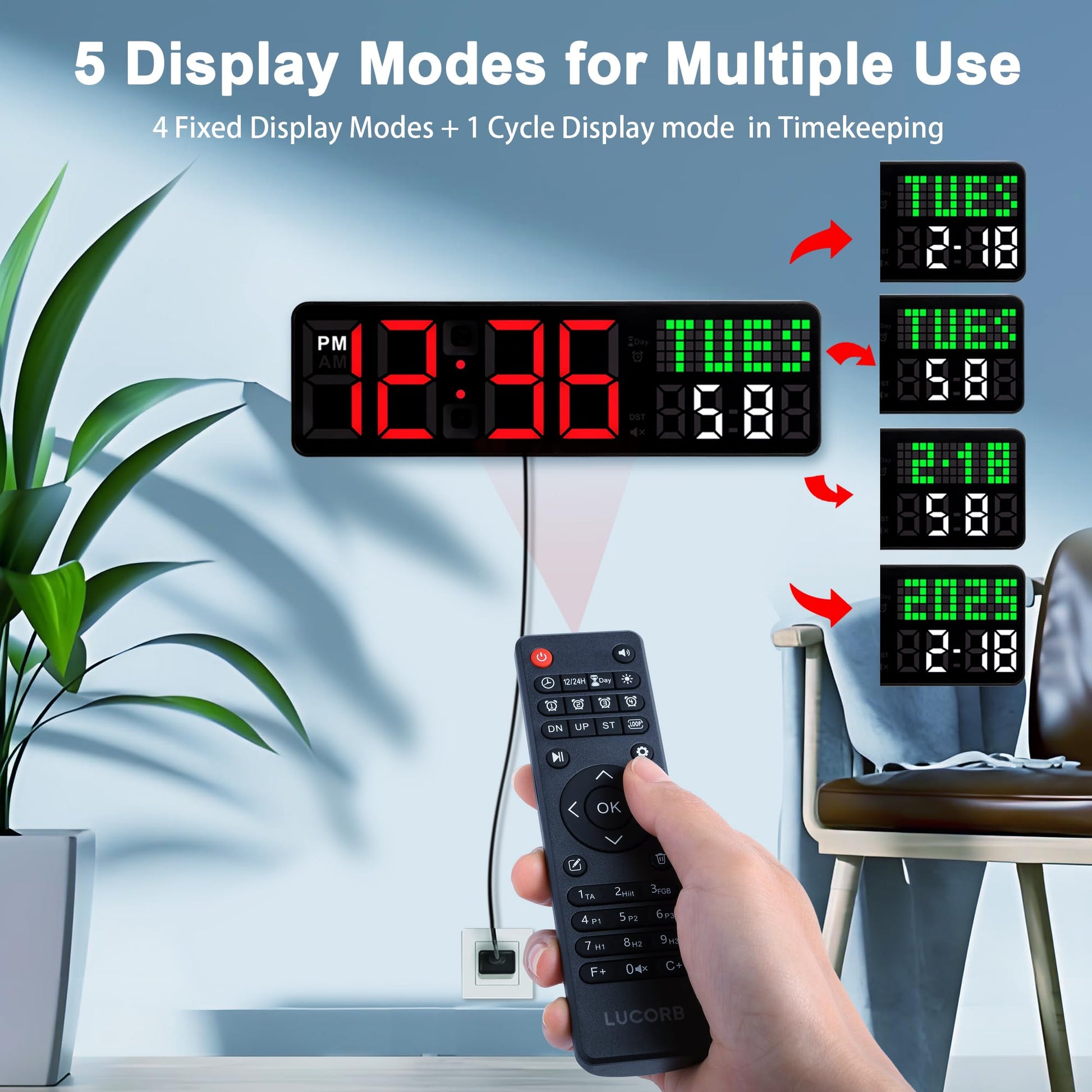Home Gym Timer, 12'' Interval Workout Clock with Seconds | Remote Control | 5 Display Modes, 4