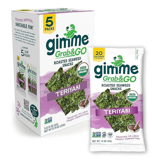 Gimme Seaweed Grab & Go Organic Premium Roasted Seaweed Snacks, Teriyaki, 5 Count Trayless, Keto