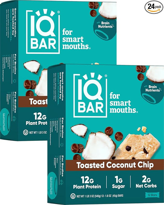 IQBAR Brain and Body Plant Protein Bars - Toasted Coconut Chip - 24-Count Low Carb - Gluten Free
