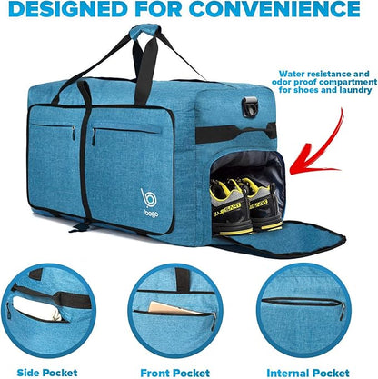 Bago Large Foldable Duffel Bags for Traveling Women & Men - 120L Packable Duffle Bag for Travel with Shoe Compartment - Water Repellant, Heavy Duty, Lightweight Folding & Collapsible (SnowBlue)