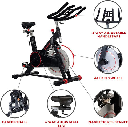 Sunny Health & Fitness Magnetic Exercise Bike, 44LB Flywheel & 300LB Weight Capacity for Intensive Home Workout, Indoor Cardio Training w/4-Way Adjustable Seat, Optional Free SunnyFit App Connection