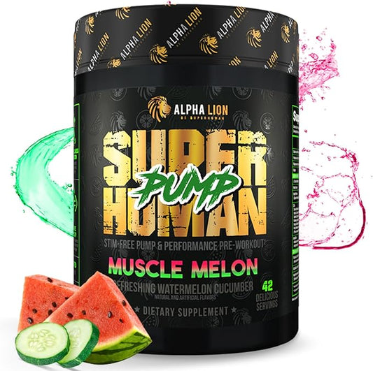 ALPHA LION Superhuman Pump Pre Workout Powder, Caffeine Free & Stim Free Preworkout Supplement, Nitric Oxide Booster, Muscle Gainer, Energy & Focus (42 Servings, Muscle Melon Flavor)