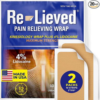 4% Lidocaine Maximum Strength Pain Relief Kinesiology Tape - Relieves Back, Joints and Muscle Pains - Superior Sticking, Aluminum-Free Water Resistant, and USA Made - 2" x 10" Strips (20 Pcs)
