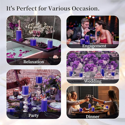 KONNI Violet Pillar Candles Set of 3, 3"x 4" Unscented Pillar Candles Bulk, 39 Hours Long Burning Candles, Smokeless and Dripless Large Round Candle for Wedding, Home Decoration, Parties, Spas, Dinner