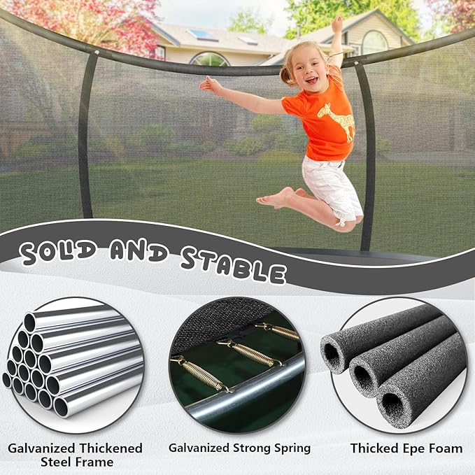 Trampoline 12FT 14FT 15FT 16FT for Kids/Adults - Outdoor Recreational with Enclosure Net Curved Poles and Ladder, Heavy Duty Anti-Rust Coating, ASTM Approval