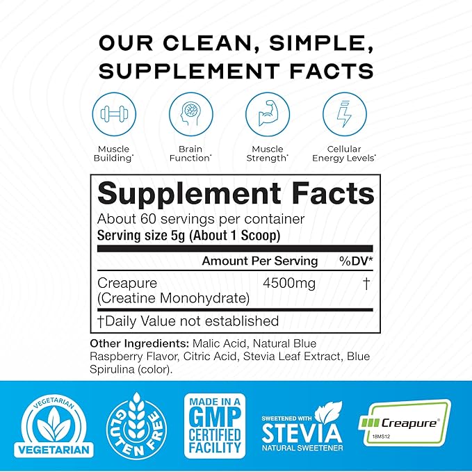 Muscle Feast Creapure Creatine Monohydrate Powder, Vegan Keto Friendly Gluten-Free, Muscle Recovery Supplement and Trusted Creatine for Muscle Growth, Flavored Creatine, Natural Blue Raspberry, 300g