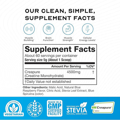 Muscle Feast Creapure Creatine Monohydrate Powder, Vegan Keto Friendly Gluten-Free, Muscle Recovery Supplement and Trusted Creatine for Muscle Growth, Flavored Creatine, Natural Blue Raspberry, 300g