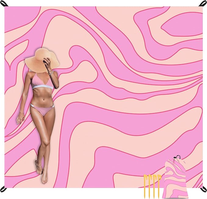 Pink Beach Blanket Waterproof Sandproof, Outdoor Beach Mat Sand Free with 4 Stakes & 4 Pockets, 9 Ft X 10 Ft Oversized Lightweight Compact Polyester Beach Essentials for Picnic, Camping, Sun Shade