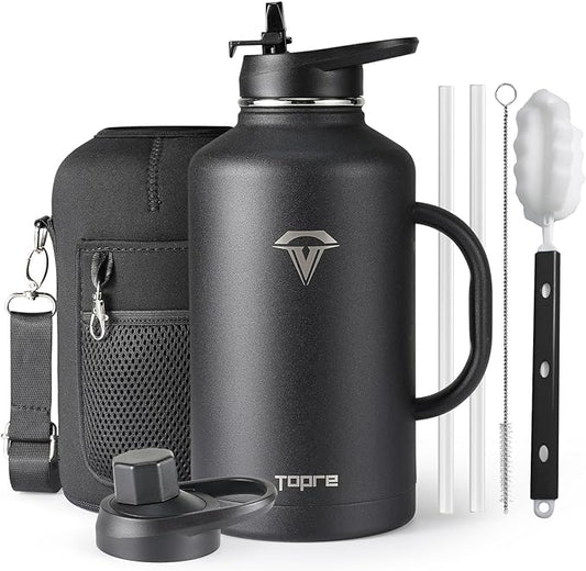 Half Gallon Water Bottle with Straw and Lid, 64 oz Insulated Stainless Steel Jug with