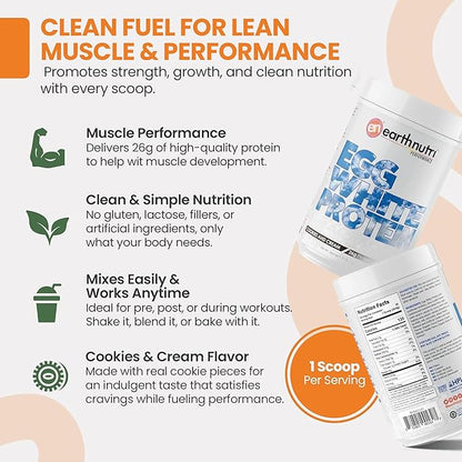 EarthNutri - Egg White Protein Powder Supplement for Pre, Intra or Post Workout, 26g of Protein Per Serving, Supports Muscle Strength & Recovery, No Artificial Additives - Cookies 20 Servings (640g)