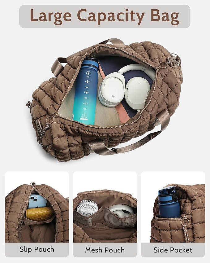 Quilted Duffel Bag for Women, Puffer Gym Duffle Bag with Shoe Compartment Lightweight Large Crossbody Sport Bag Travel Tote Brown