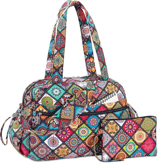 TOPDesign Travel Duffel Bag for Women, Puffer Gym Bag Sports Tote with Wet Pocket, Carry On Weekender with Luggage Sleeve (Yoga)