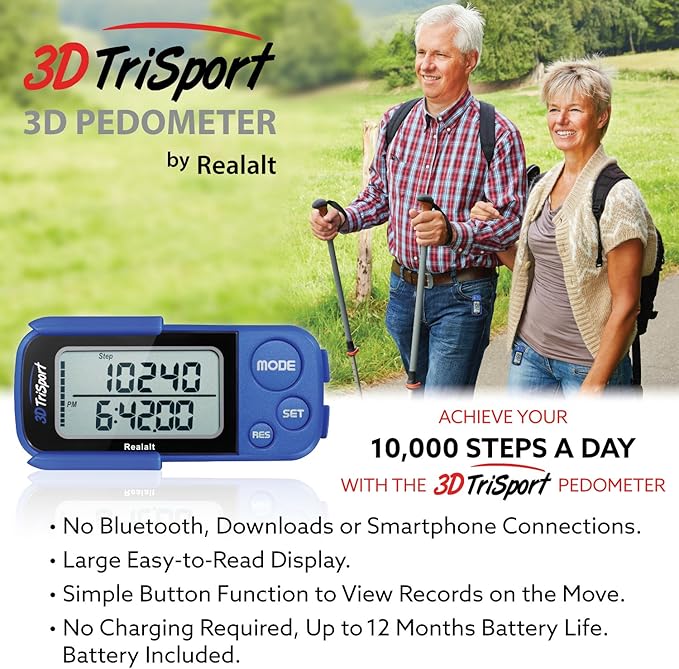 3DTriSport Walking 3D Pedometer with Clip & Strap, eBook Included | 30 Days Memory, Accurate Step Counter, Walking Distance Miles/Km, Calorie Counter, Daily Exercise Time Monitor