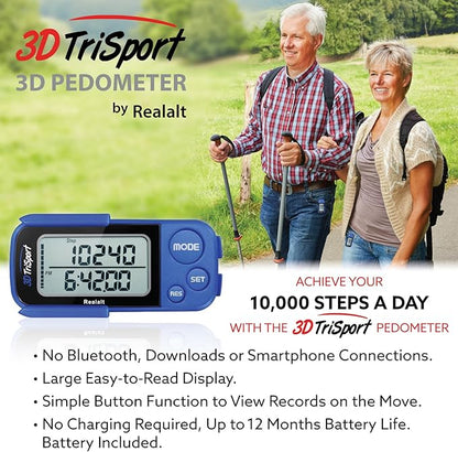 3DTriSport Walking 3D Pedometer with Clip & Strap, eBook Included | 30 Days Memory, Accurate Step Counter, Walking Distance Miles/Km, Calorie Counter, Daily Exercise Time Monitor