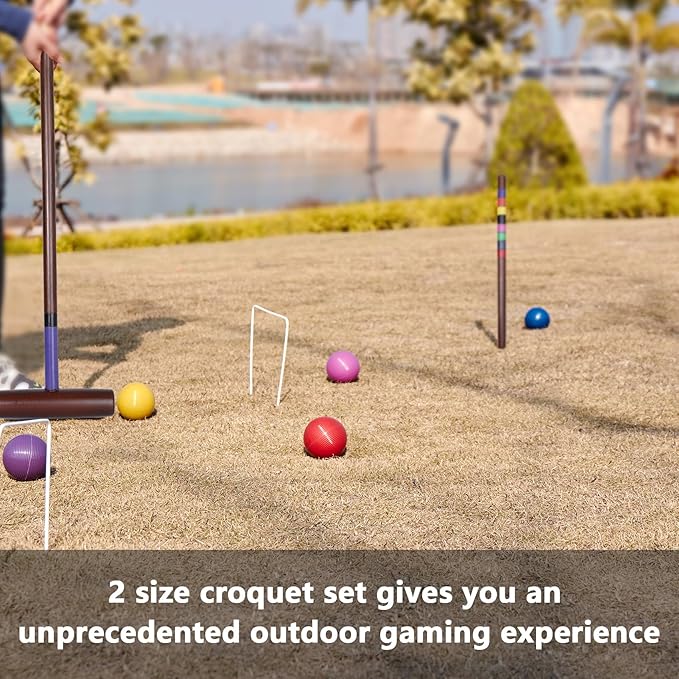 8 Players Croquet Set with 32In Regulation | 28In Standard Size Rubber Wood Mallets, Colored PE Ball, Wickets, 21In End Stakes and Bag - Lawn Backyard Game for Teens/Adults/Family