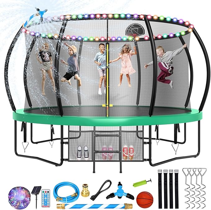 12 14 15 16FT Trampoline Outdoor with Basketball Hoop, Trampoline with Lights for Kids and Adults, Recreational Trampolin with Sprinkler, Stakes